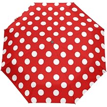 QMXO Geometric Texture Red Polka Dot Folds Auto Open Close Umbrella for Women Men Boys Girls Windproof Compact Travel Lightweight Rain Umbrella