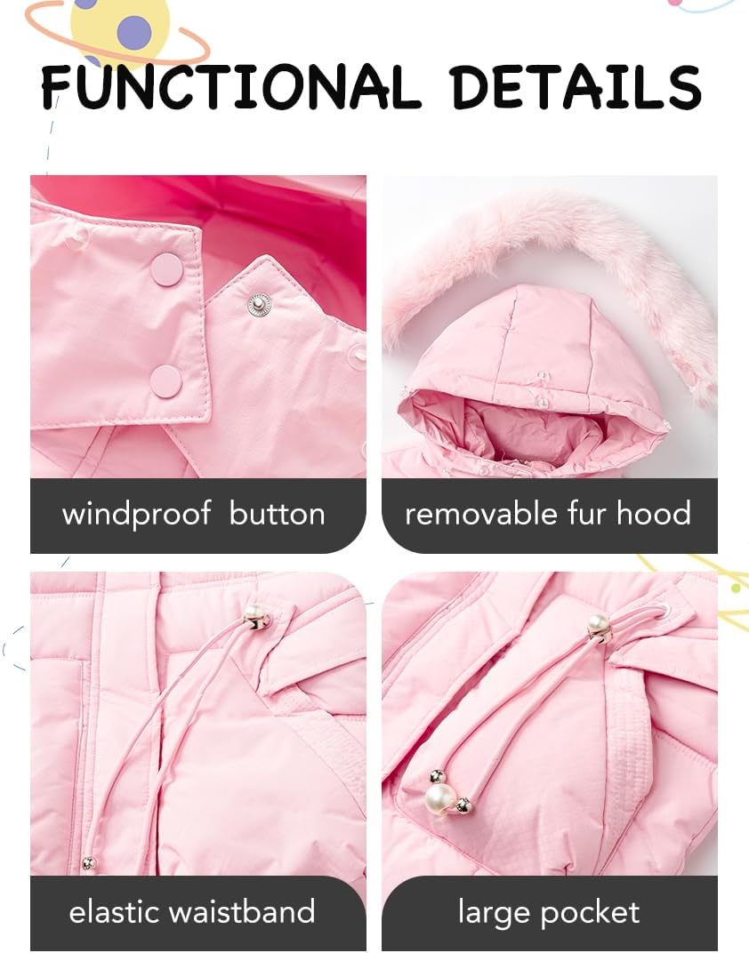 Girls' Winter Warm Coat Fleece Lined Long Jacket With Detachable Fur Hood - Image 6