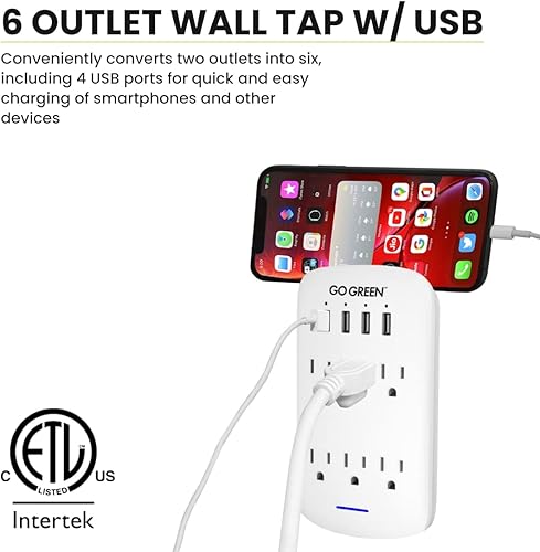 Miniatura 3 de GoGreen Power (GG-16000USB4) - Adaptador de enchufe de pared USB de 6 tomas de corriente de 2.4 amperios con puertos USB y protección contra