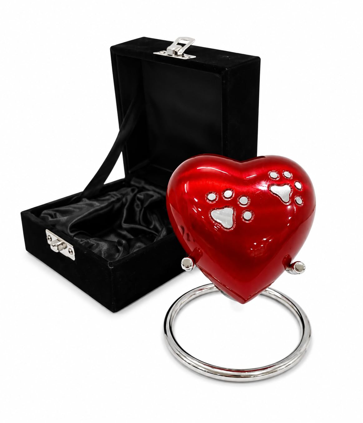 Caja Premium y Soporte para urna de corazón: honre a su ser Querido con Mini urna de corazón con Estampado de Huella roja para Cenizas de Mascotas