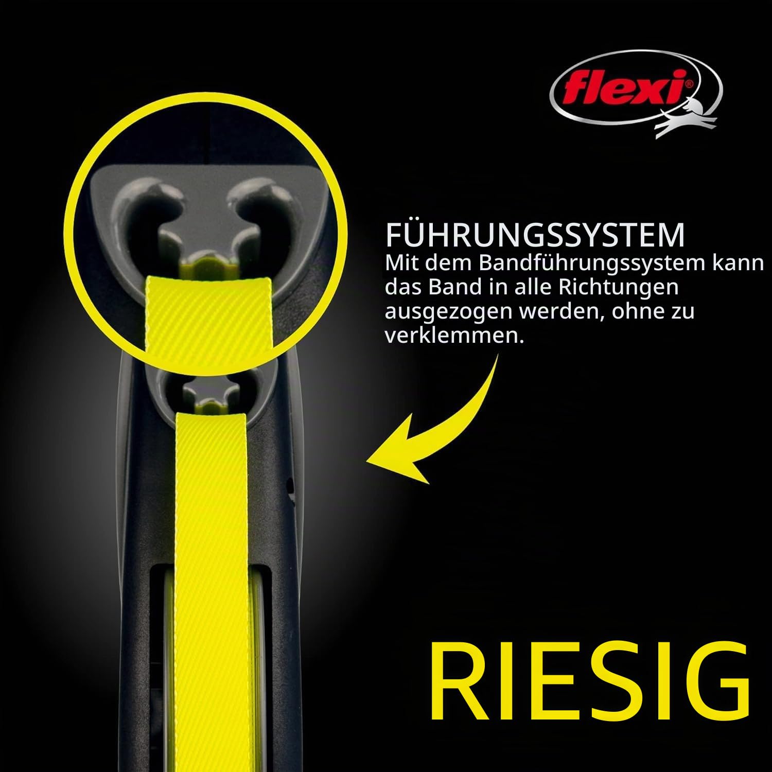 Flexi USA Giant neon einziehbare Hundeleine (Band), ergonomisch, strapazierfähig und verhedderungsfrei Haustier Laufleine für Hunde bis zu 49,9 kg, 7,9 m, groß, schwarz