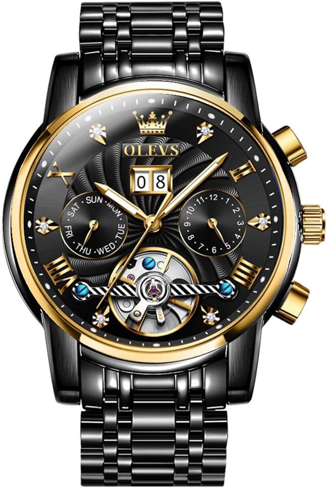 OLEVS Men Automatic Watch Skeleton 5 Hands Mechanical Classic Luxury Multi Calendar Stainless Steel Waterproof Wrist Watch for Men