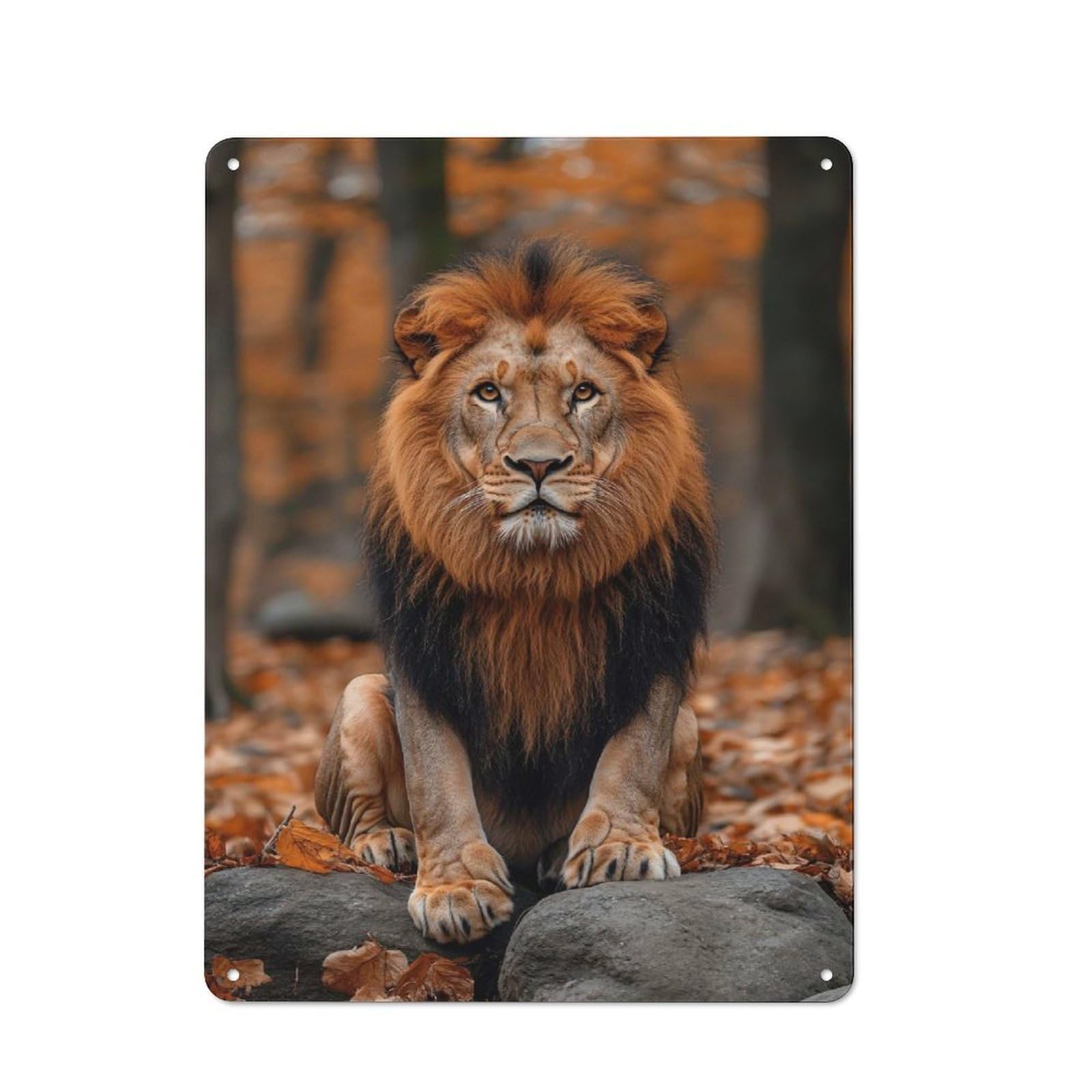 Metal Wall Sign with Majestic Lion Portrait in Autumn Setting Design 40x30cm, Modern Retro Urban Room Decor for Workspace, Cafe, Hallway Or Garage