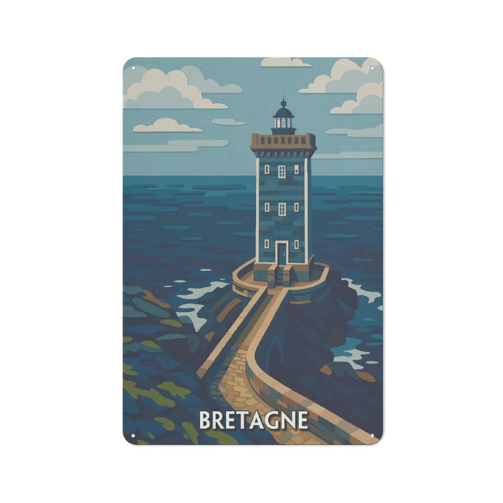 Junmoney Style-18 Brittany Lighthouse Coastal Scene Retro Metal Wall Decor 30X20cm, Decorative Tin Plaque For Bar, Kitchen, Garage Or Games Room