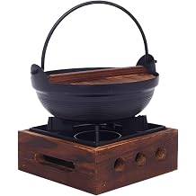 Japanese Style Single Serving Shabu Shabu Pot Pan Hot Pot Sukiyaki Pan Japanese Style Cast Iron Shabu Shabu Hot Pot Sukiyaki Nabe with Wood Lid and Cooking Stove for Noodle, Ramen, Soup,20cm