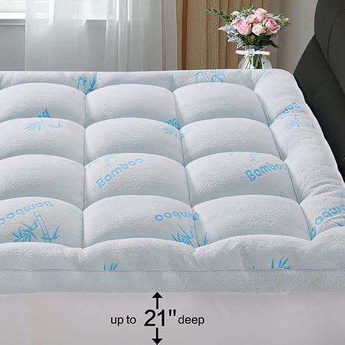 Keltaro Extra Thick Bamboo Mattress Topper Queen Size Bed, Cooling Mattress Pad Cover Plush Soft Noiseless Down Alternative Fill,With 8-21" Deep Pocket #TOP3