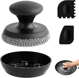 Cast Iron Scrubber Cleaner, Chainmail Scrubber for Cast Iron Pan Skillet, Dish Scouring Pad, 316 Stainless Steel Brush/Scraper for Metal Skillet Scrubbing, Wok, Dutch Oven Cleaning Kit - Thin Mesh