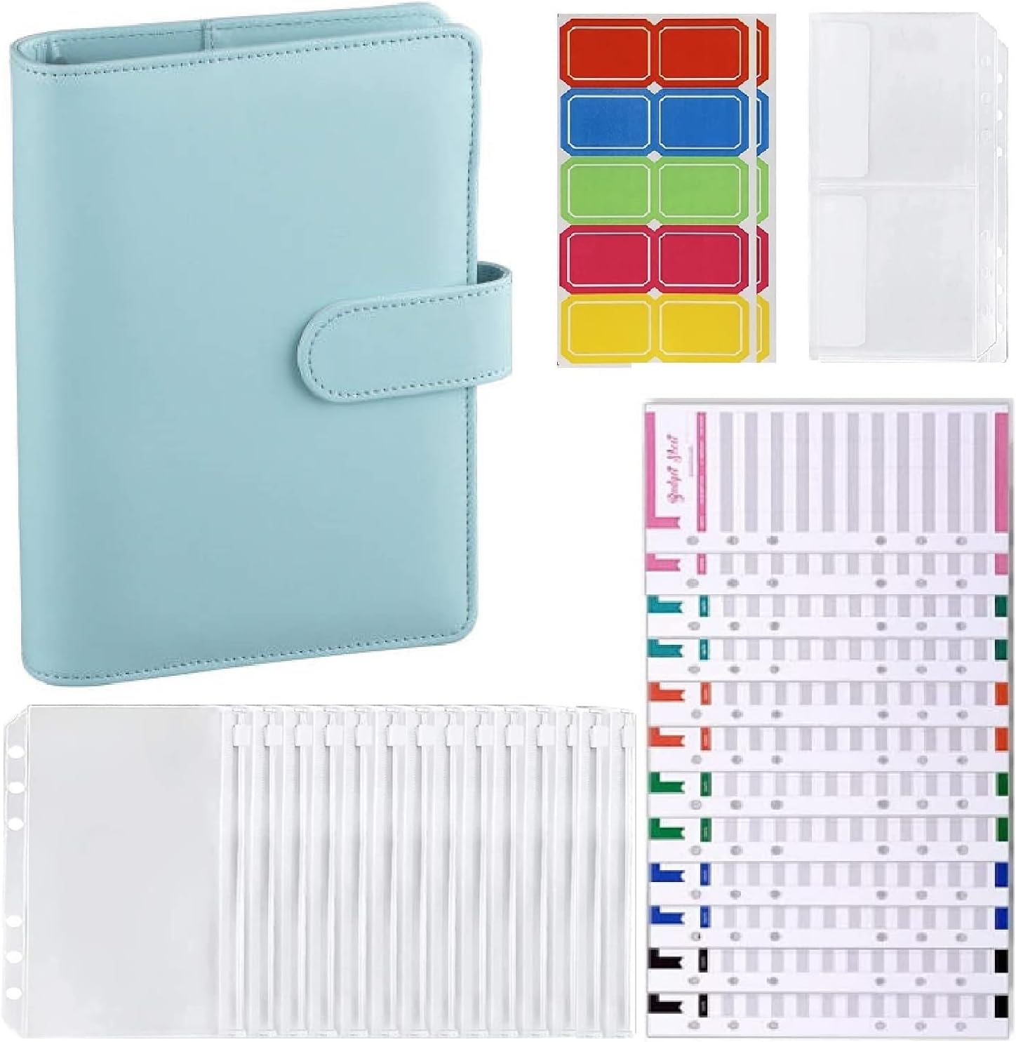 A6 PU Leather Budget Binder Money Organizer Blue -14 pcs A6 Zipper Cash Envelops, 12 Pcs Budget sheets, 20 Pcs self-adhesive labels stickers, 2 pcs Bill Bags - Money Binder Budget Planner