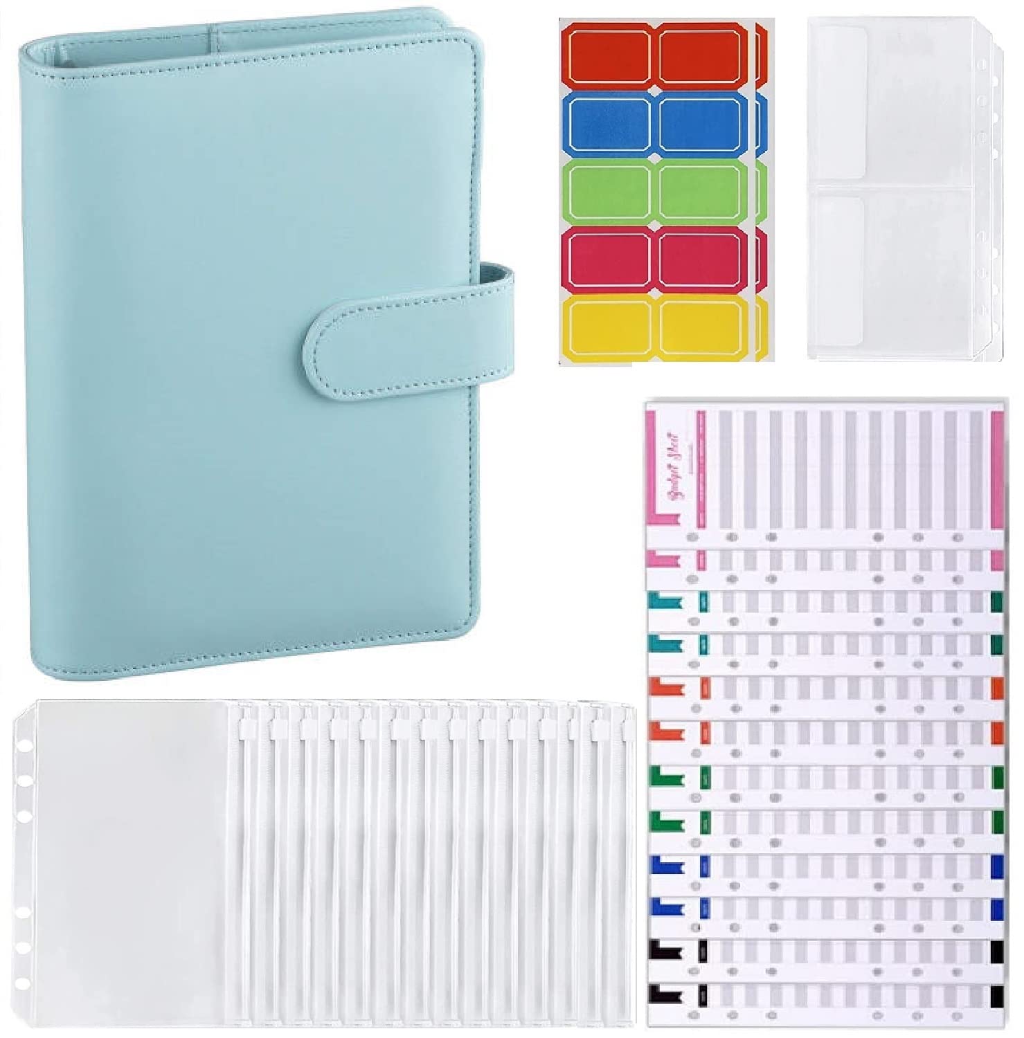 A6 PU Leather Budget Binder Money Organizer Blue -14 pcs A6 Zipper Cash Envelops, 12 Pcs Budget sheets, 20 Pcs self-adhesive labels stickers, 2 pcs Bill Bags - Money Binder Budget Planner