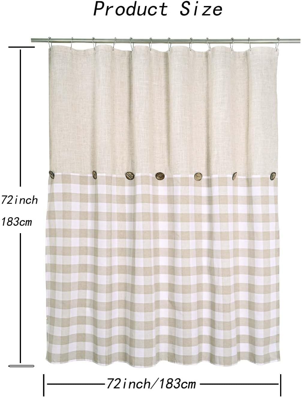 DOSLY IDÉES Linen Button Farmhouse Shower Curtain,Linen and Cotton Fabric,Pleated Brown and Beige Plaid Checked Pattern,Country Style,72x72 in