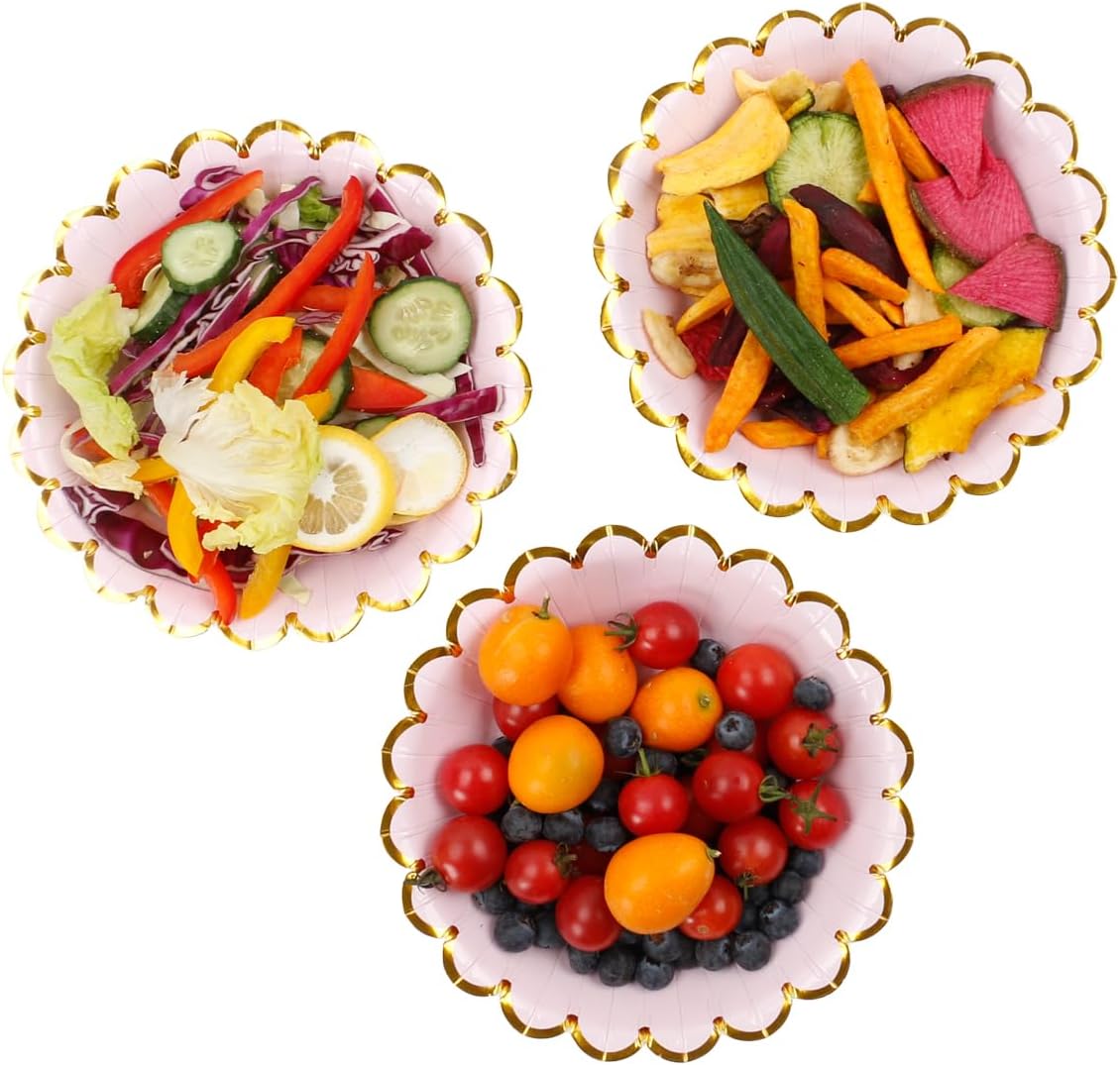 Geeklife 20oz Pink Gold Disposable Paper Bowls with Scalloped Border,30ct