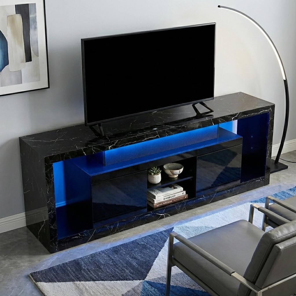 70 Inch TV Stand with LED Lights & Power Outlet, Modern Entertainment Center with Color-Changing RGB LED Strip, Sound Sync, App/Remote Control, High Gloss Black Marble Media Console for Living Room