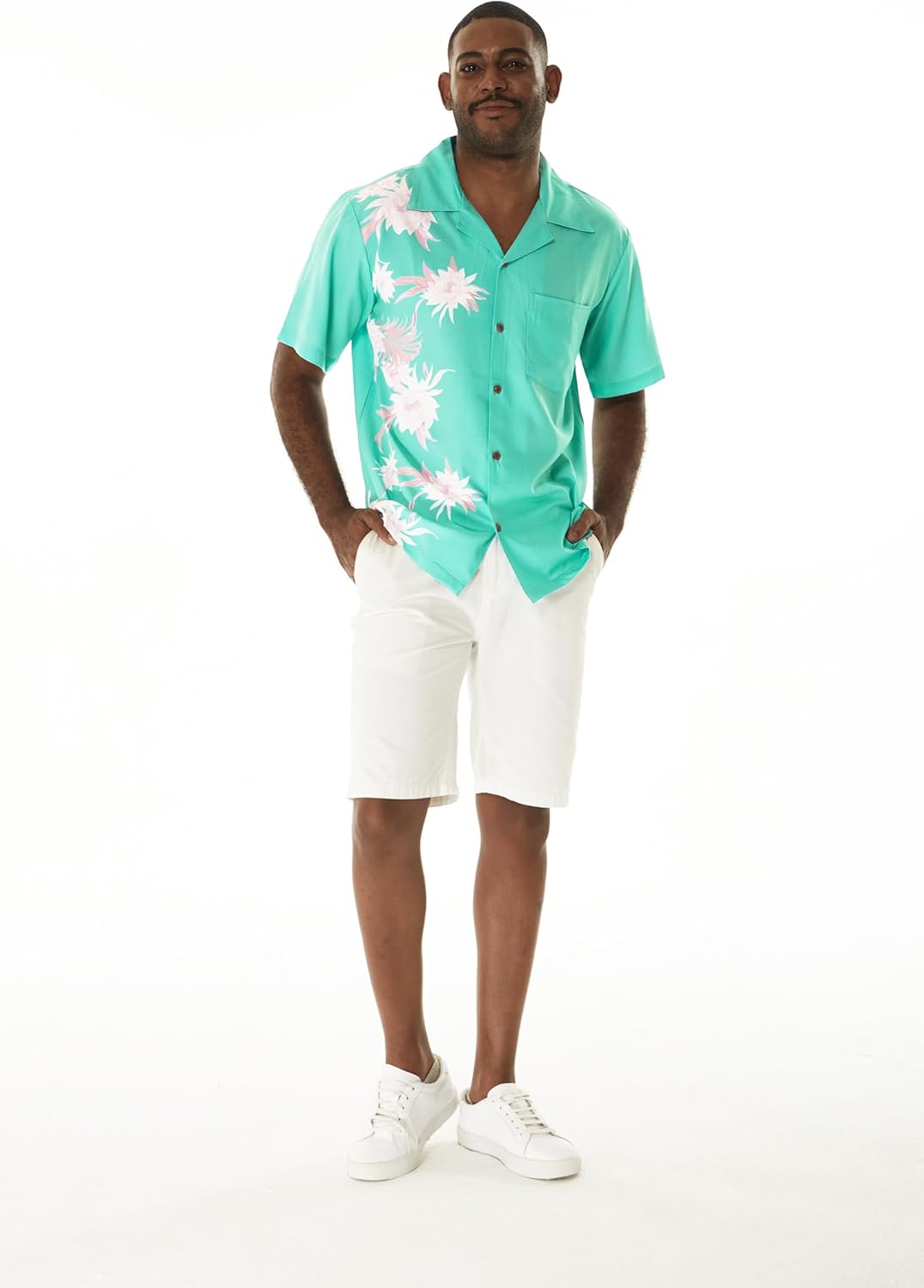 Matchable Couple Hawaiian Luau Men Side Panel Shirt or Women Breezy Island Romper in Wispy Cereus Palm Mist