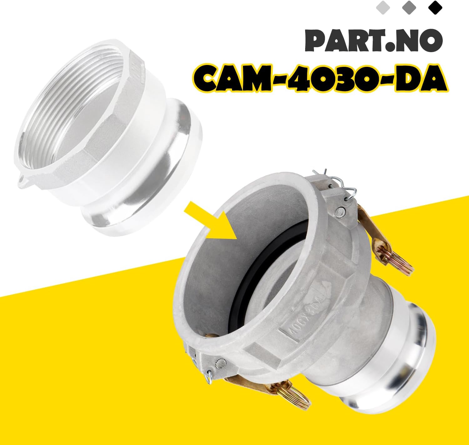 DA4030 Type DA Cam and Groove Hose Fitting, 4" Female Camlock x 3" Male Camlock, 125PSI, Aluminum Material