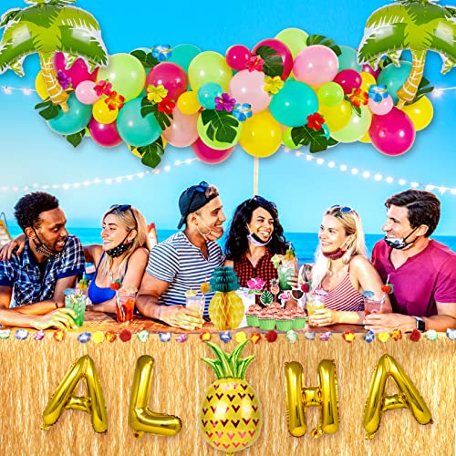 Golray 153Pcs Tropical Luau Party Decorations Hawaiian Beach Birthday Party Decor Supplies Grass Table Skirt Aloha Balloon Pineapple Flamingo Straws Umbrella & Cupcake Topper Moana Luau Party Supplies #TOP7