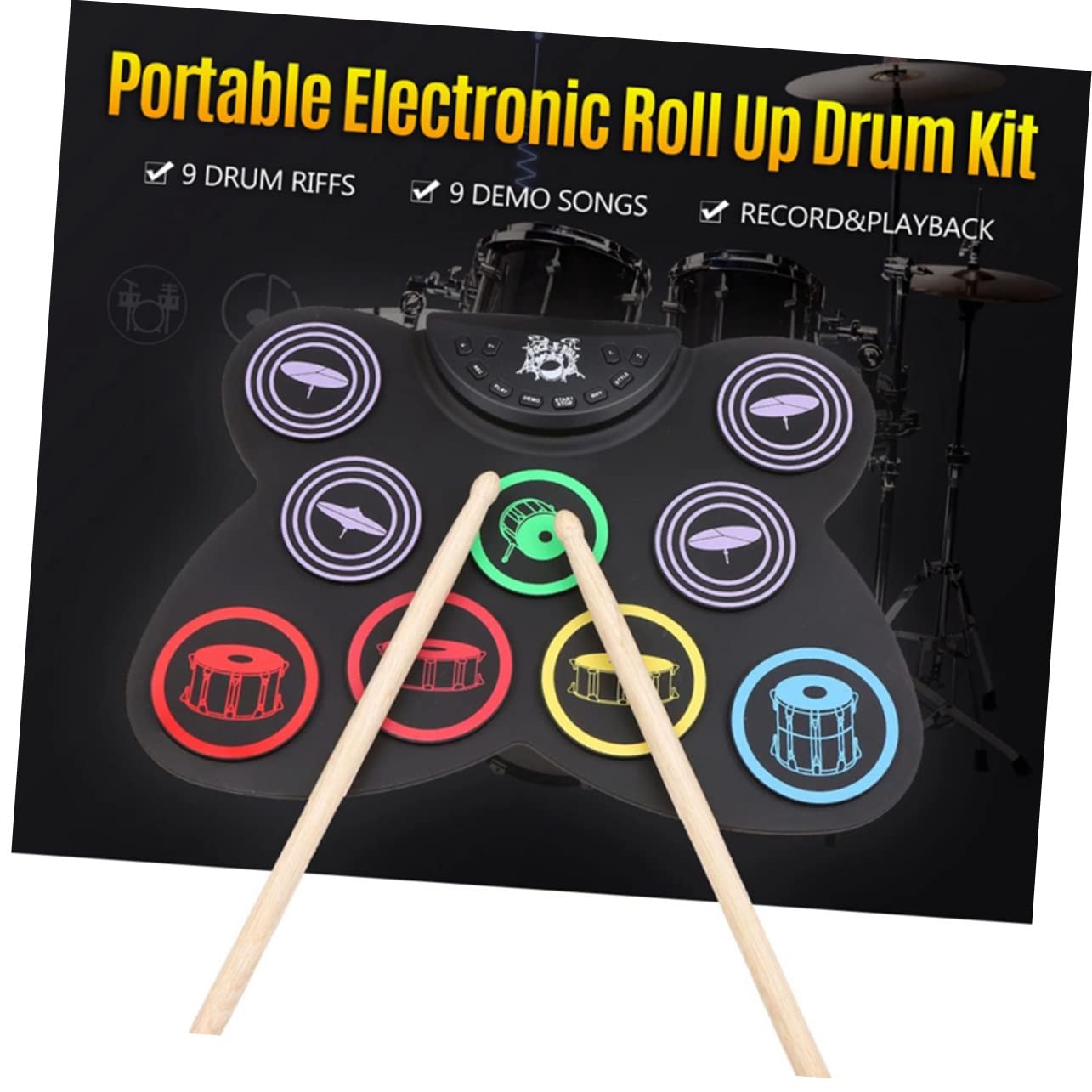 SUPVOX Drum Kit 9 Pads Kids Adults Drum Set Roll-up Design Cymbals Power Supply