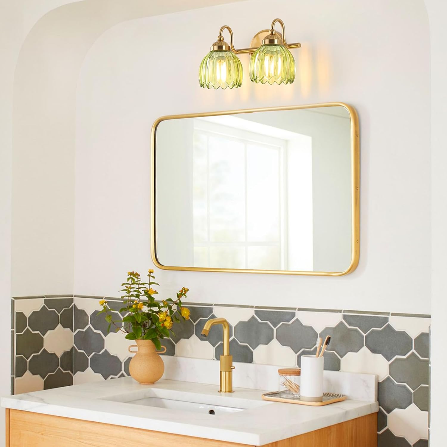 Vintage Bathroom Light Fixtures, Brass Vanity Lights with Green Tulip Glass Shade, Vanity Sconces for Bathroom Bedroom Living Room Hallway, 2-Light
