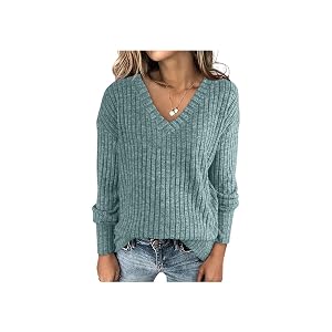 Womens V Neck Long Sleeve Solid Sweater Loose Casual Fall Fashion Sweaters Warm Clothes for Women