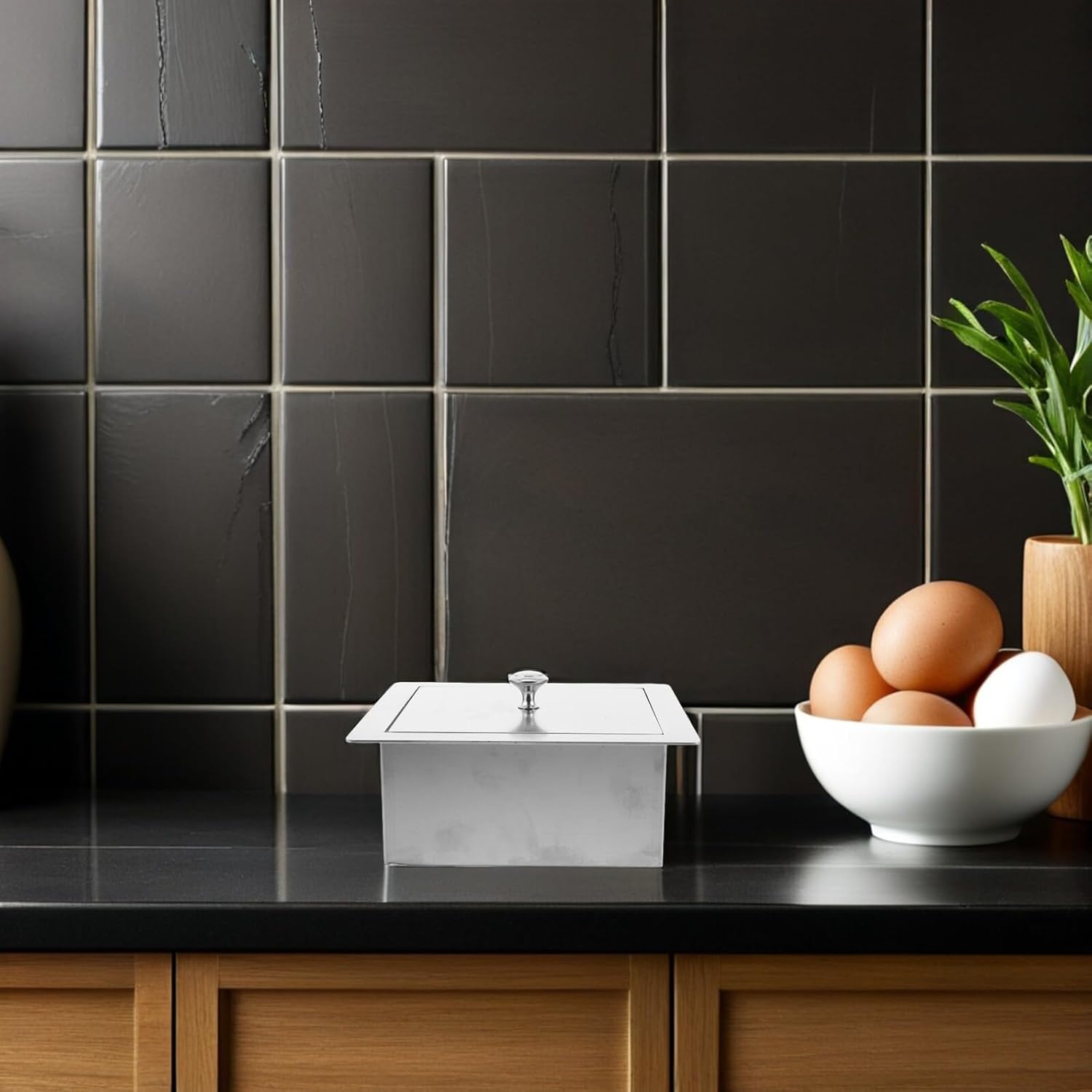 Recessed Trash Can Lid Stainless Steel Square Swing Flap Cover Built-in Countertop Garbage Disposal Cover for Kitchen and Bathroom Waste Bins