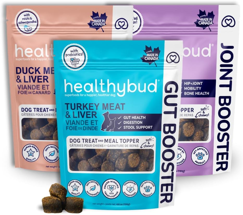 Healthybud Soft Chew Dog Treats and Food Toppers 4.6oz (Turkey Gut Support, Beef Joints Booster, Duck Calming Aid)