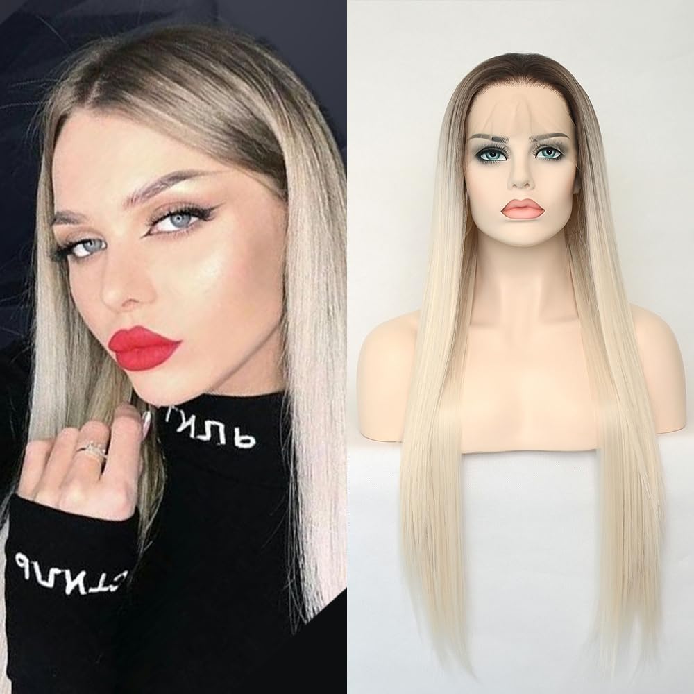 Ombre Blonde 13x4 Inch Lace Front Wig for Women Girls Long Straight Dark Brown to Platinum Blonde Synthetic Wigs For Daily Wearing (Ombre Blonde, 24 inch)