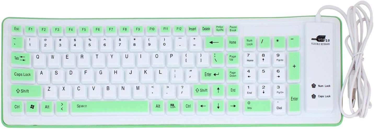 LIPPO Foldable Silicone Keyboard USB Wired Silicon Flexible Soft Waterproof Roll up Silica Gel Computer Desktop (103 Keys) Keyboard for PC Laptop Notebook for Library Work Class Indoor White Green