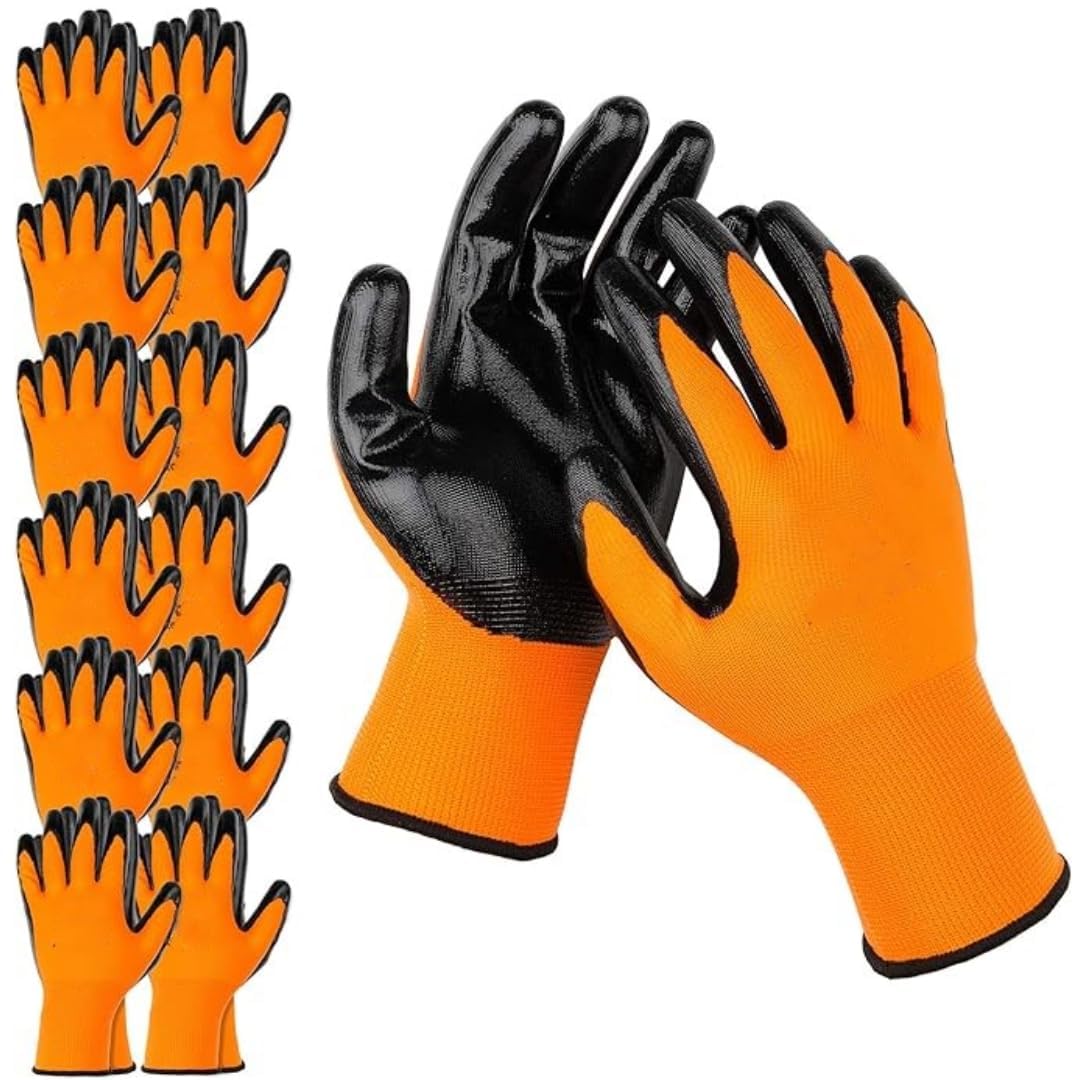WISHPOOL Safety Hand Work Gloves PU Coated Seamless Knit Glove with Smooth Grip on Palm & Fingers Ideal for Cut Resistant Industrial Domestic Duty Work Hand Gloves (PACK OF 10 PAIR, ORANGE BLACK) (B0CVMVPXG9) Amazon Price History, Amazon Price Tracker