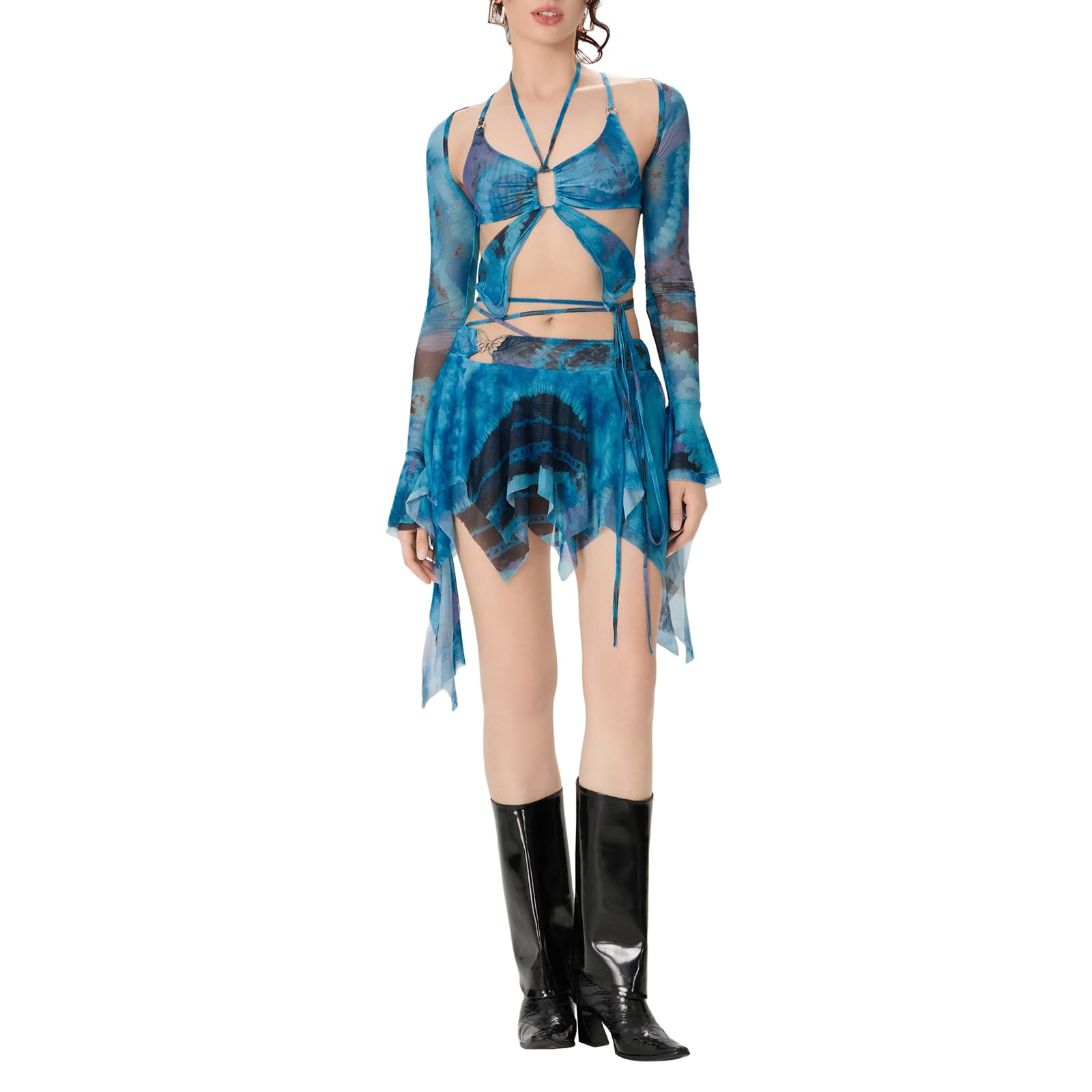 Tenues de festival raves pour femme en maille transparente à manches longues avec haut court dos nu et mini jupes irrégulières assorties ensemble de clubwear