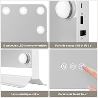 GlamView Sminktükör 58x53 cm - Hollywood Tükör 15 LED-del, 360° Forgatható, 3 Fényszín, Állítható Fényerő, USB és USB-C Csatlakozó, Érintésv 6