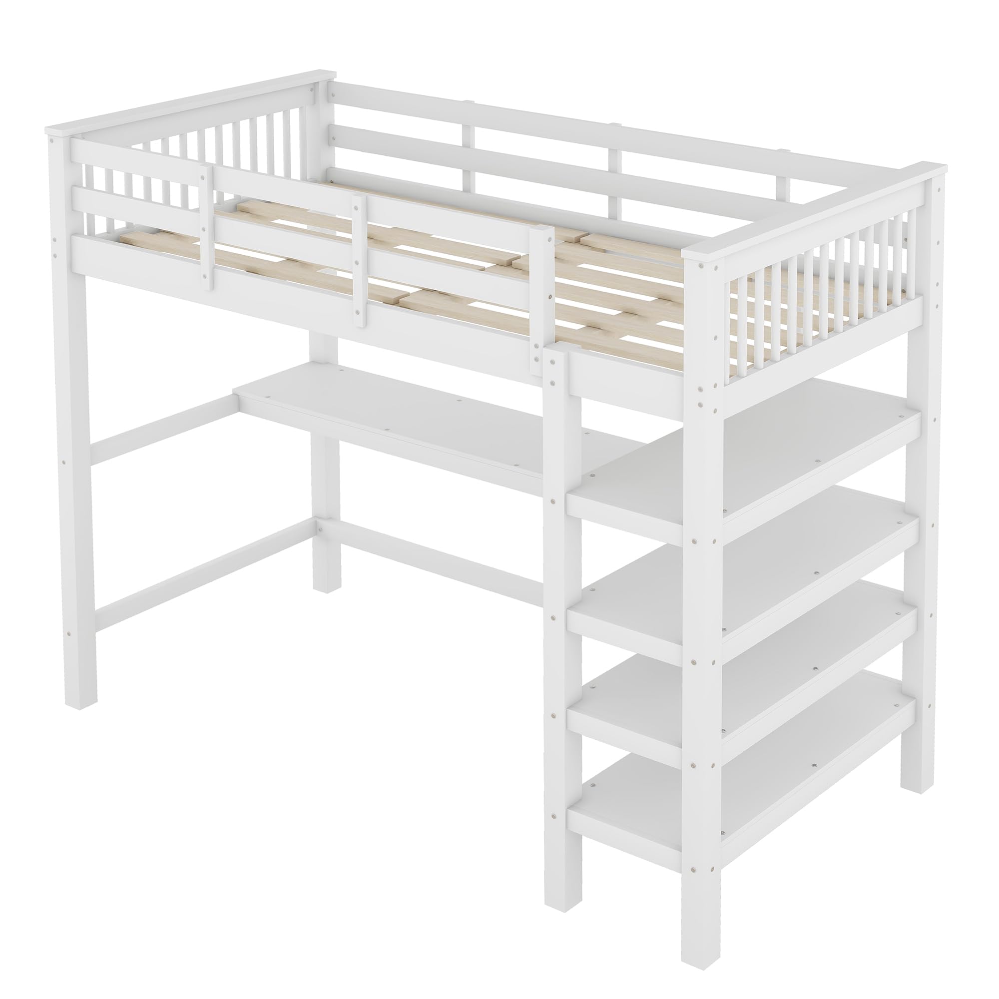 Letto a soppalco con scrivania e scaffalatura, 90 x 200 cm, con rete a doghe e protezione dalle cadute, salvaspazio per bambini, in legno di pino, letto funzionale a castello (bianco, 90 x 200 cm)