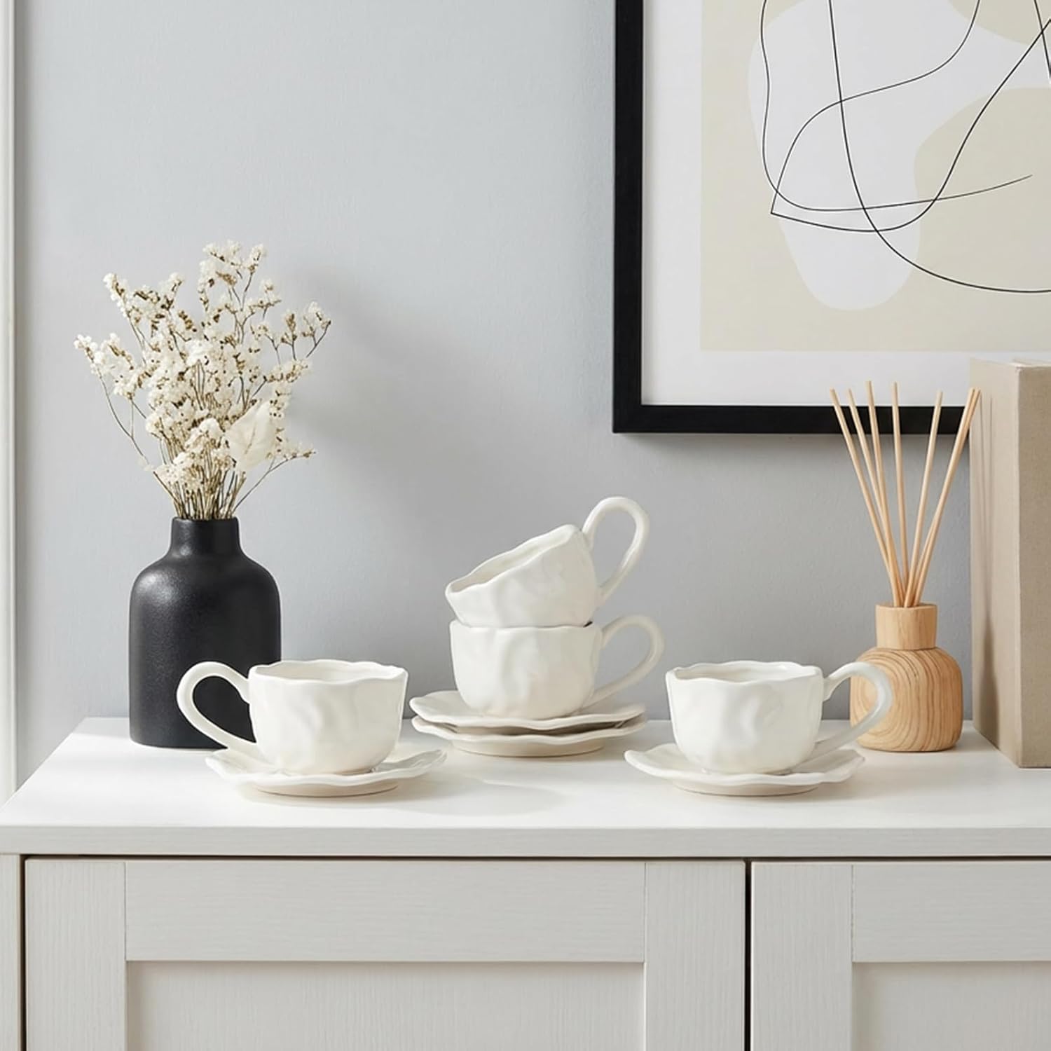 Ceramic Espresso Cups with Saucers 6 oz,Coffe Cups for Cappuccino,Latte,Tea with Saucers Set of 2 - Folds - White - Image 7