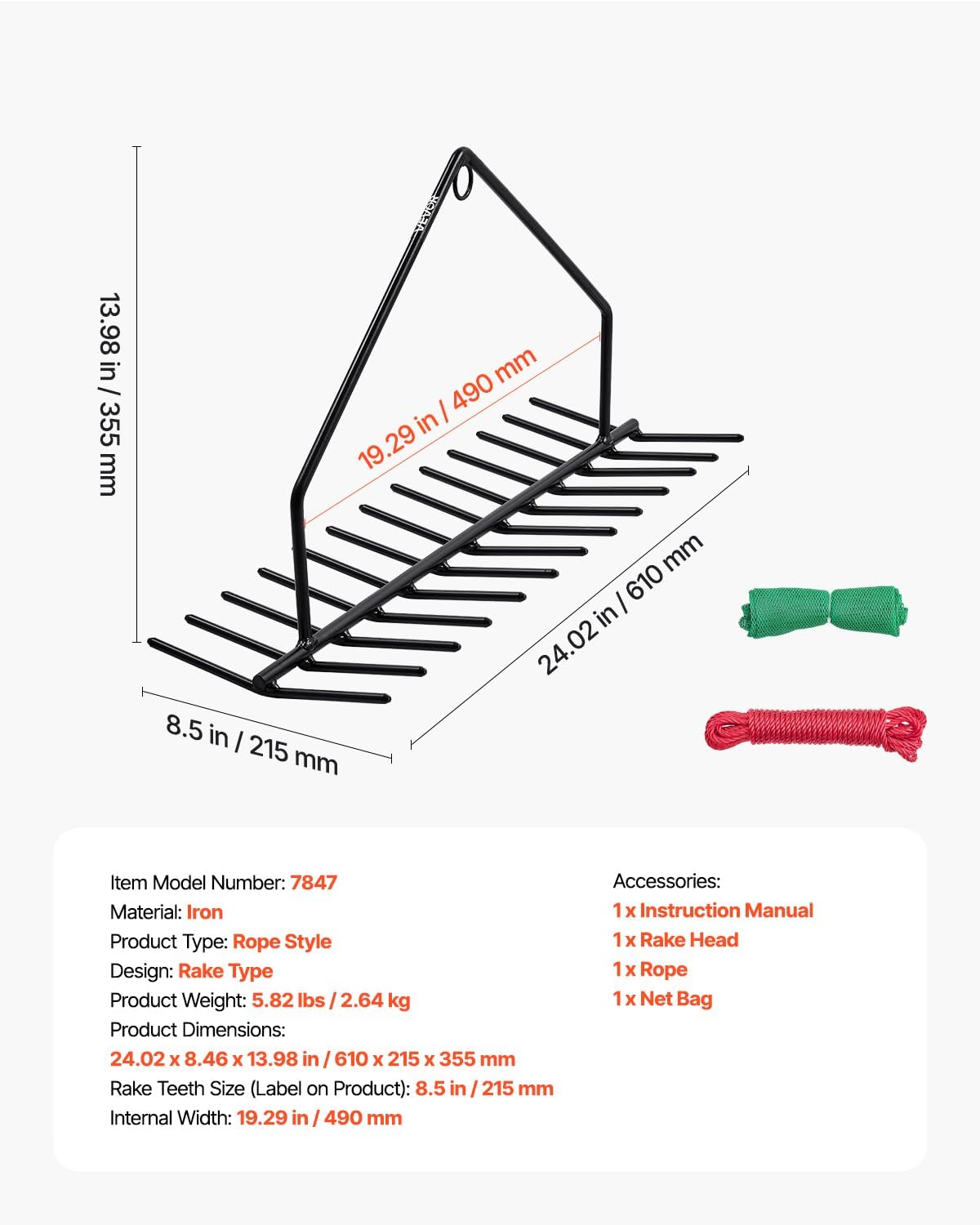 VEVOR 24 in Aquatic Weed Rake, 8.7 in Double Sided Lake Weed Rake, Pond Weeds Cutter with 30ft Rope, Tie Hole, No Assembly Required, Lightweight Muck Lilypad Clearing Tool for Pond, Lake, Rivulet