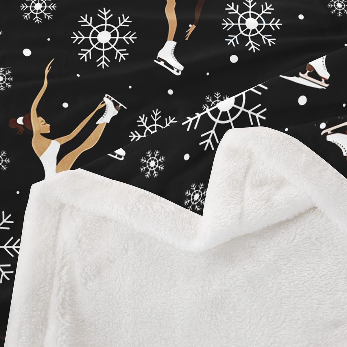 Homewish Ice Skating Throw Blanket Girls Skater Bed Blankets for Kids Youth Boys Women Room Decor Winter Snow White Black Fleece Blanket Ice Sports Gaming Fuzzy Blanket,for Chair/Sofa,50"×60"