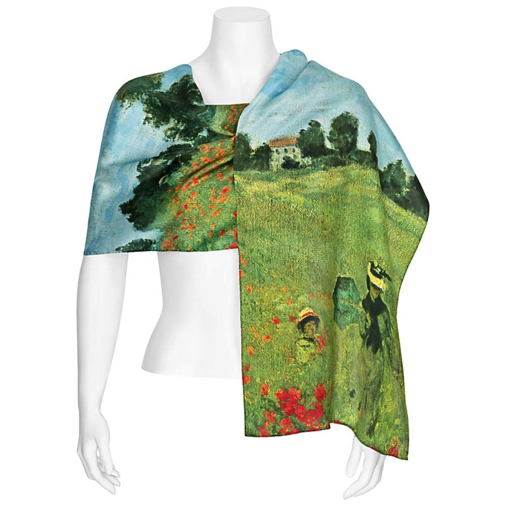 VON LILIENFELD Schal Damen 100% Seide Claude Monet Mohnblumenfeld Kunst Motiv Halstuch Seidenschal Seidentuch Kanten handgerollt 172 x 42 cm