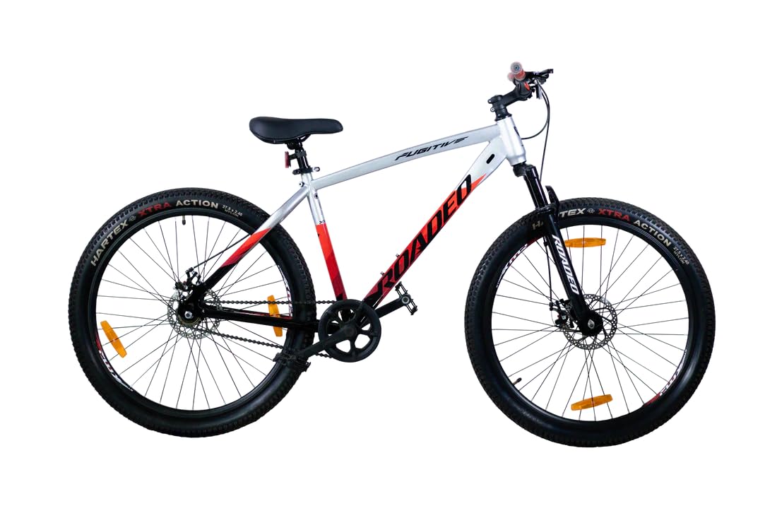 Roadeo Fugitive 27.5T Single Speed Mountain Cycle for Men & Adults | Front Suspension MTB | Dual Disc Brakes | | 17” Steel Frame | Alloy Rims (Silver with Red/Black)-image-47