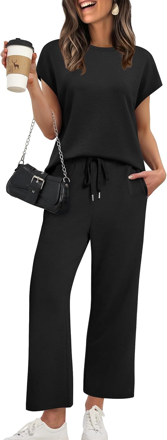 XIEERDUO Women's Cap Sleeve Lounge Sets 2 Piece Travel Outfits Airport Tracksuits Wide Leg Loungewear S-3XL