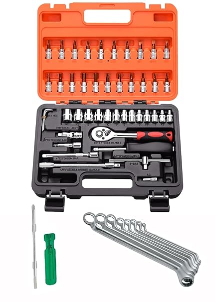 Digital Craft Multifunction Hand Tool Kit Car Ratchet Wrench Assembly Tool Household Repair Tools Automotive Set 46PC Socket Set,6Inch 2 In 1 Screw Driver,8Pc Ring Spanner Set,