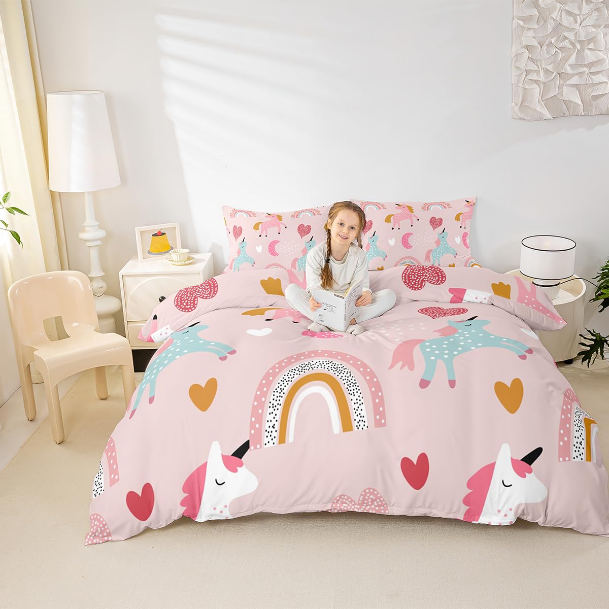 Loussiesd Unicorn Bedding Set Kids Cute Cartoon Unicorns Comforter Cover Set for Girls Pink Duvet Cover Breathable Rainbow Bedspread Cover King Size Zipper with 2 Pillowcases