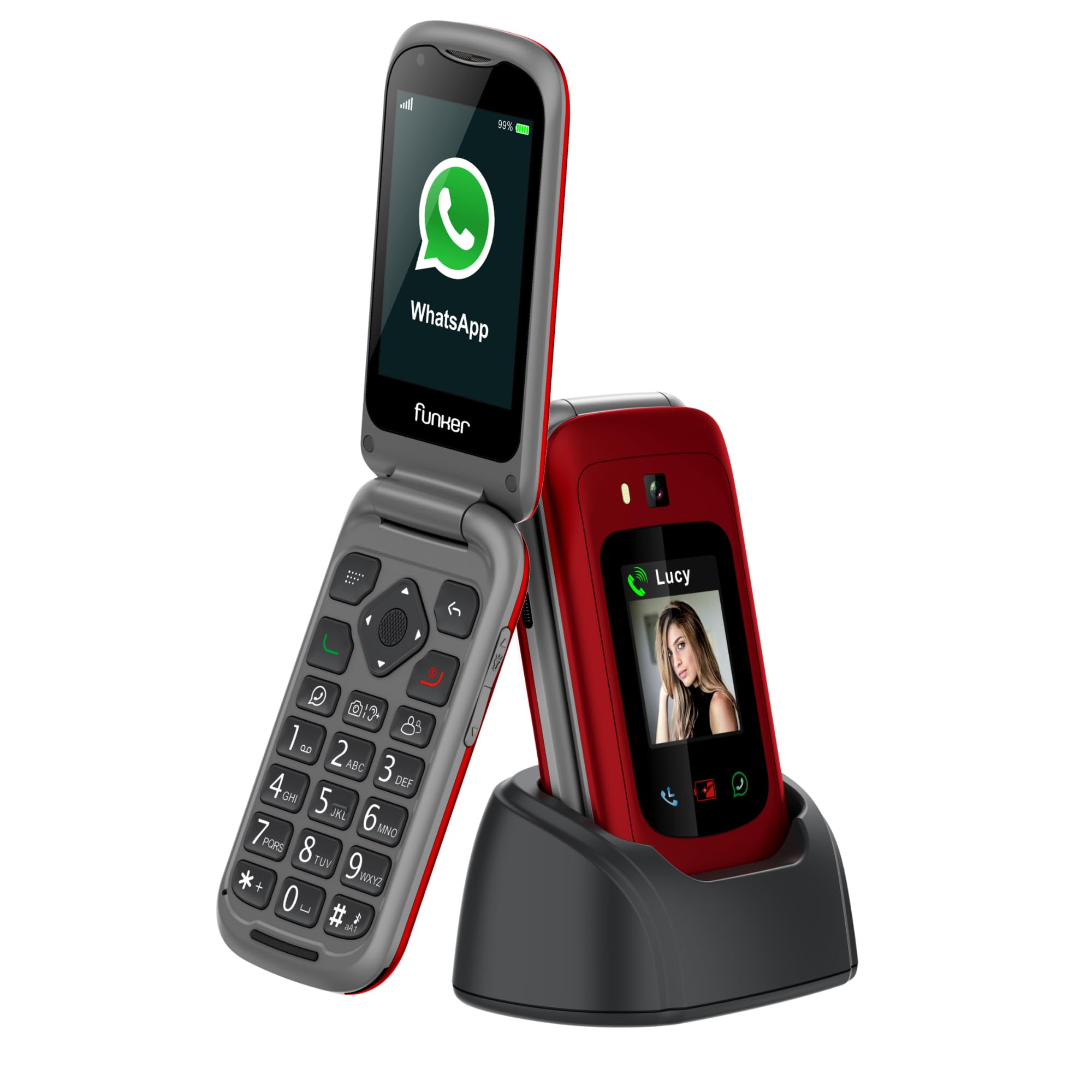Funker E480 Teléfono Móvil 4G para Mayores con Whatsapp, Teclas Grandes, Botón SOS y GPS, Videollamadas, Pantalla 2.8", Base de Carga, Fotocontactos, Volumen Alto, Fácil de Usar, Color Rojo