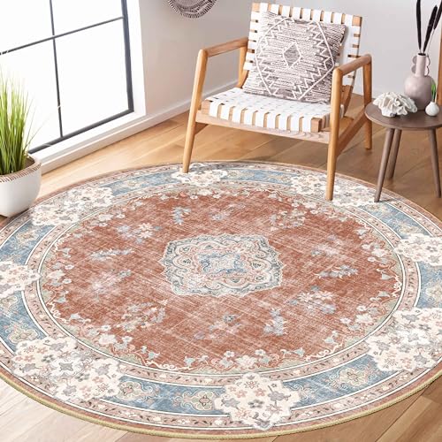 MUJOO Boho Round Rug 5ft,Circle Washable Area Rug Non Slip Low-Pile Floral
