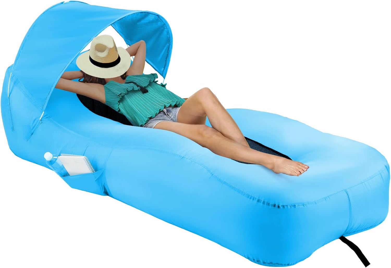 Inflatable Lounger Beach Chair with Sun-Shade Design, Waterproof Inflatable Couch Blow Up Beach Lounger, Portable Lounger Air Sofa for Backyard Hiking Festivals, Air Hammock for Camping