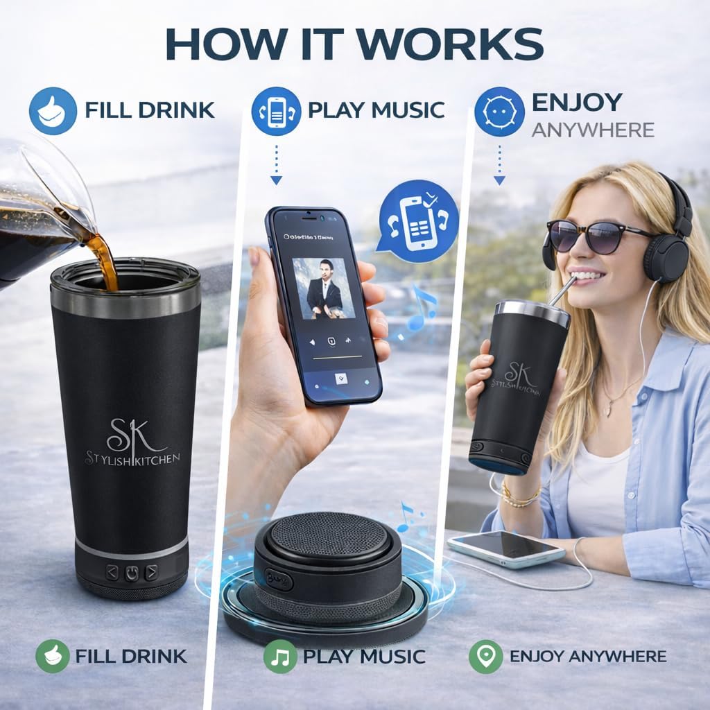 20oz Stainless Steel Bluetooth Tumbler with Lid – Insulated Tumblers for Hot & Cold Drinks, Heavy-duty Travel Coffee Mug with Detachable Bluetooth Speaker (Black) image 5