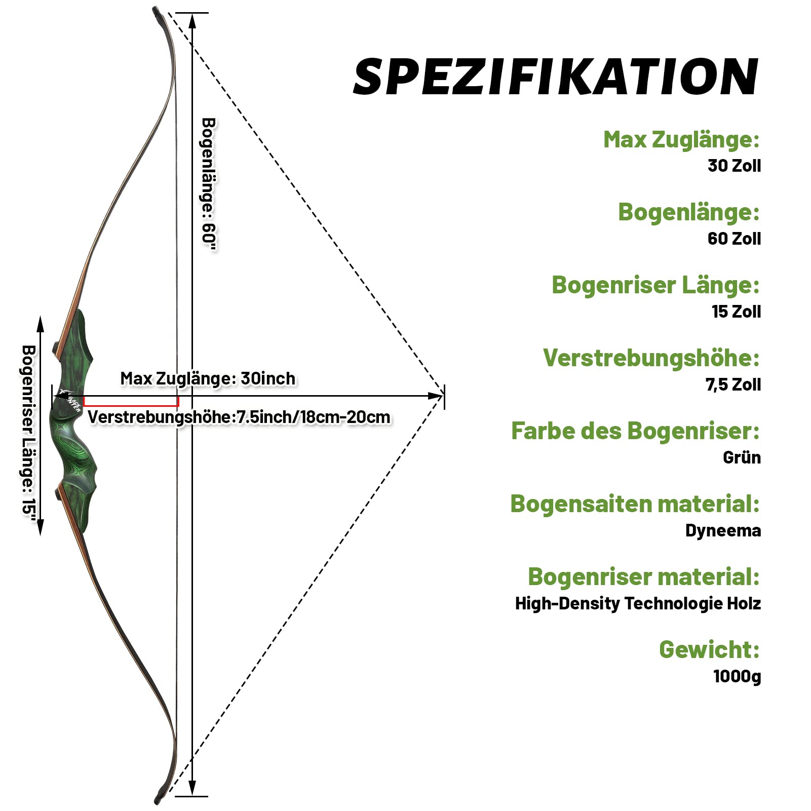 60 Zoll Black Hunter Recurve Bogen Linke Hand Sportbogen Set Erwachsene 20-60lbs Takedown Recurvebogen Set Holz Riser Bogen Für Jagdbogen