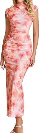 HTZMO Floral Wedding Guest Ruched Bodycon Maxi Dress for Women