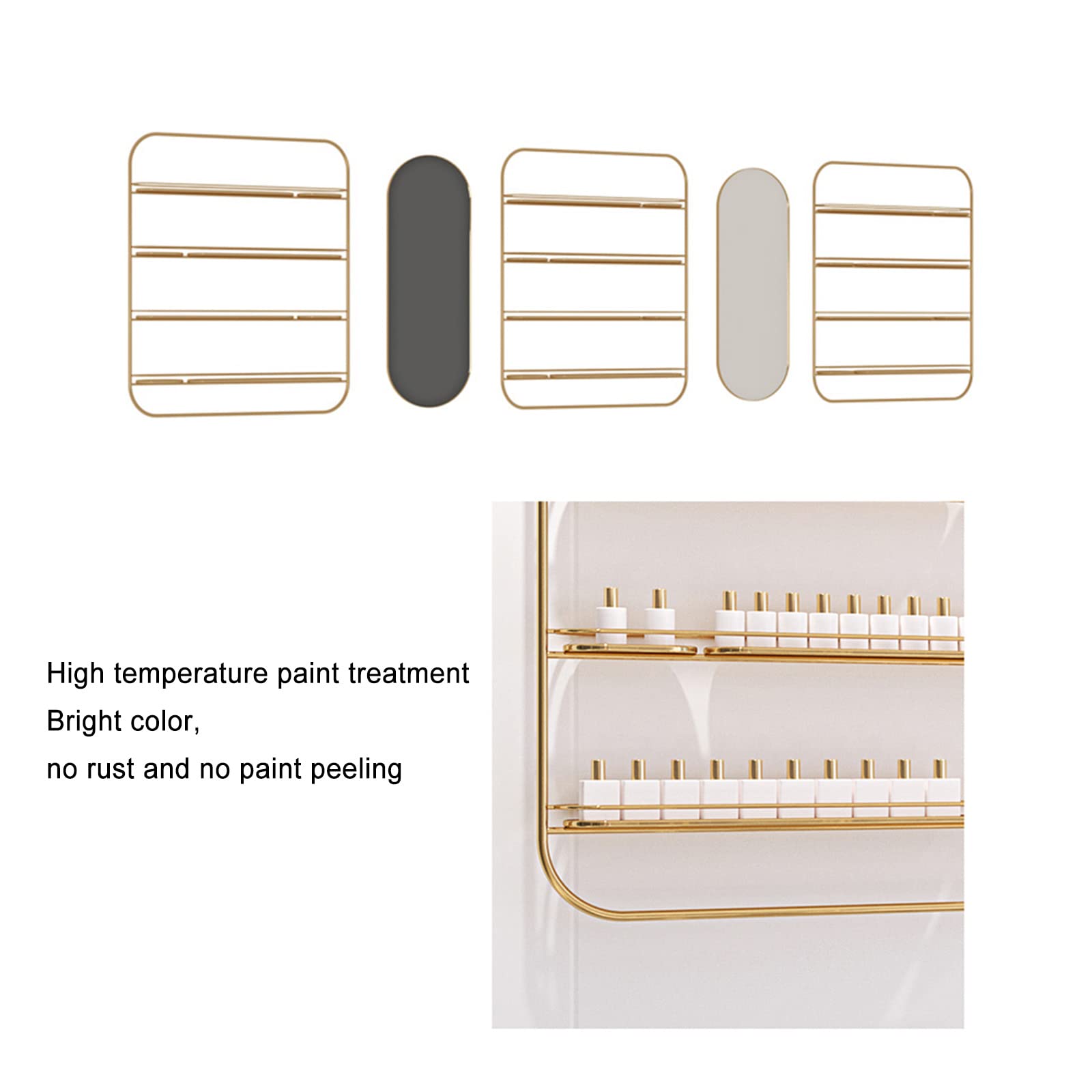 Espositore da parete per portasmalto in metallo a 4 strati, espositore per bottiglie di smalto, scatola per salone di bellezza, espositore combinato per cosmetici (set da 5 pezzi oro)