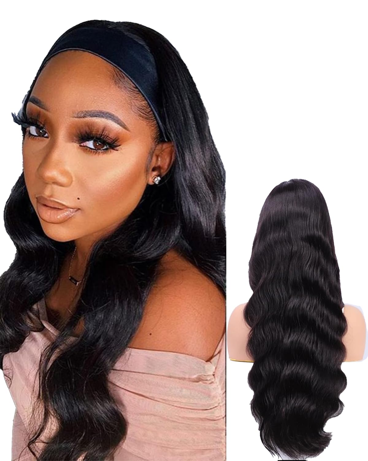 Headband Wig Long Body Wave Headband Wigs for Black Women 100% Brazilian hunman hair Wigs and Go Headband Wigs for Black Women Natural Color Beginner Friendly (18inch)