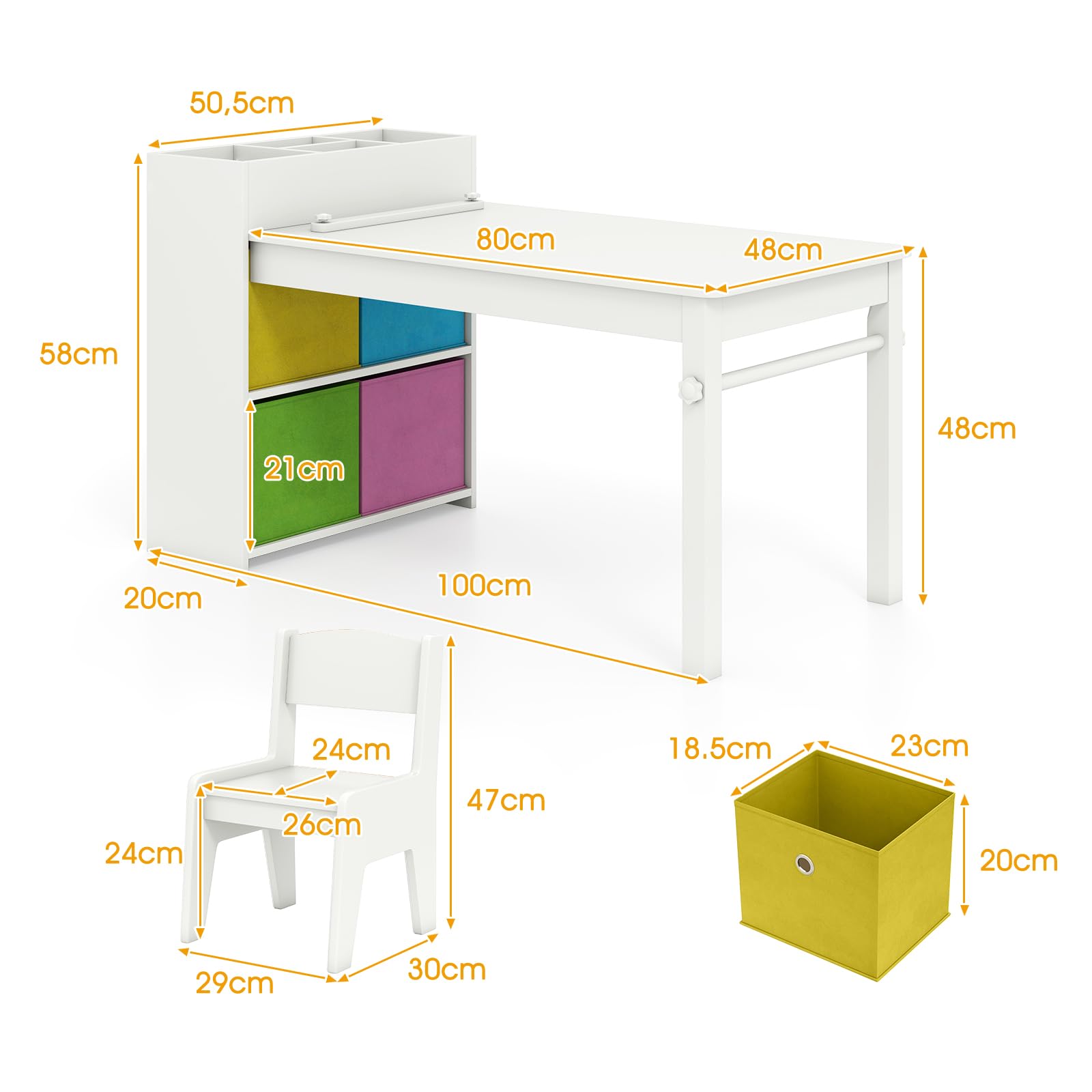 LIFEZEAL Kindertisch mit 2 Stühlen, Kinder Spieltisch und Stühle Set mit Papierrollen und 4 Stoffablagekörben, kindersitzgruppe Aktivitätstisch zum Malen, Schreiben für Mädchen & Jungen (Weiß)