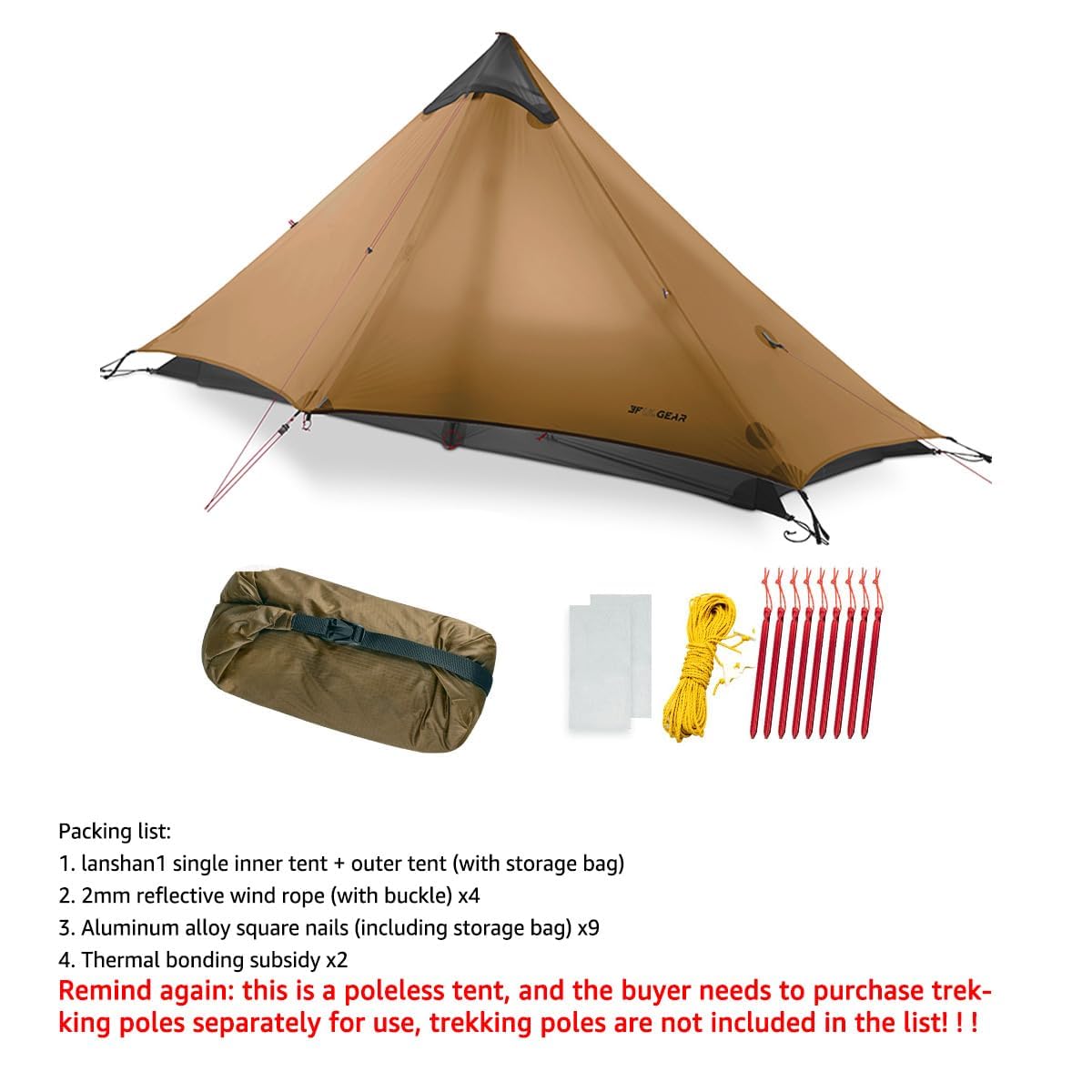 3F Lanshan1 - Tienda de campaña ultraligera portátil de 3/4 estaciones para 1 persona, con revestimiento de silicona 15D, impermeable, sin polos, doble capa para camping, escalada, senderismo