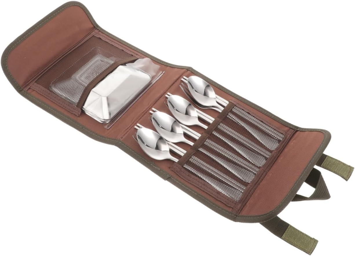 Outdoor Cutlery Set Stainless Steel Spoon Chopsticks Fork Plate Portable 4-person Camping Tableware Barbecue Picnic Flatware with Carry Bag Random Color