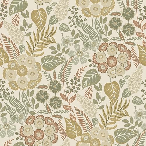 Grandeco Retro Mid Century Floral Textured Wallpaper, Green Orange